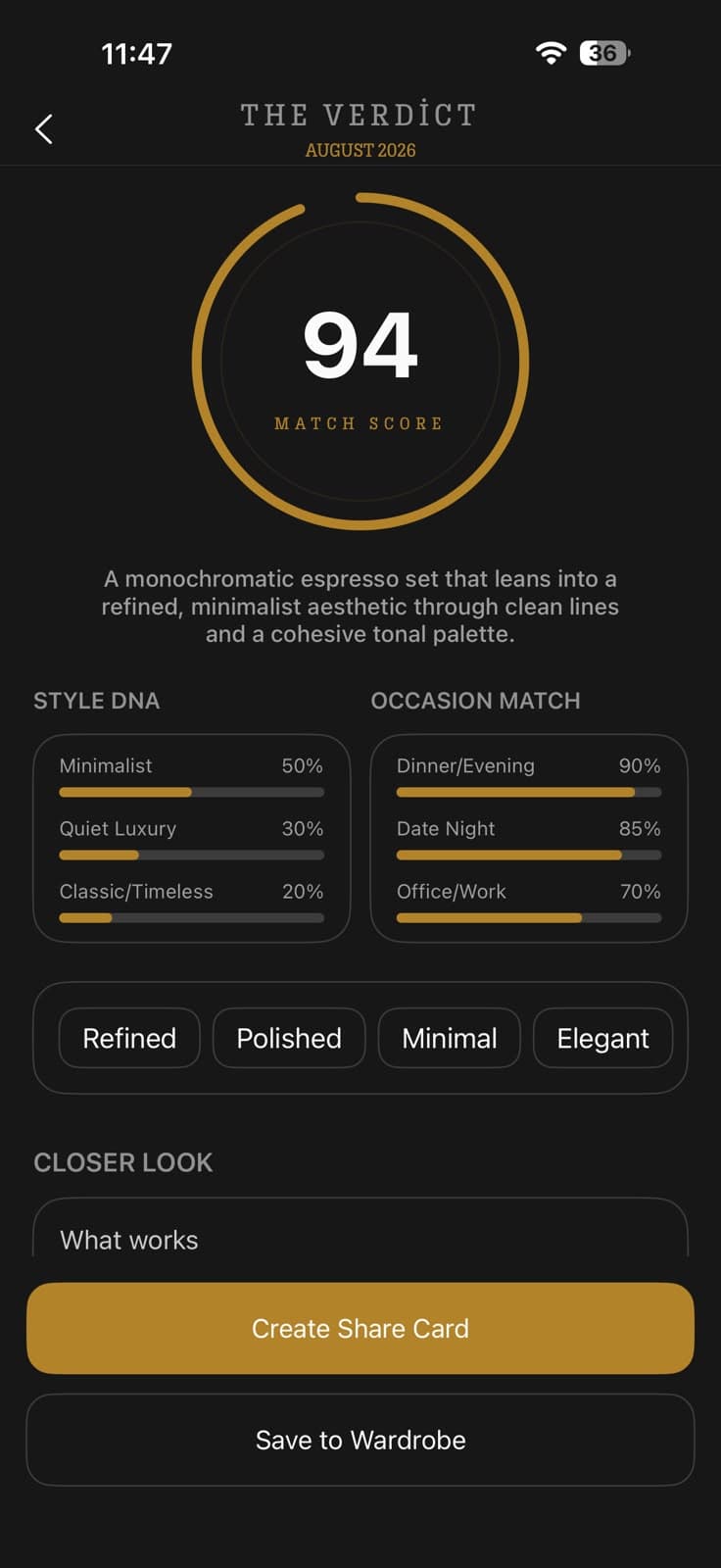 Vesto outfit analysis screen